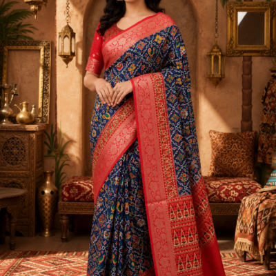 Navy Blue Printed Silk Blend Saree with Red Woven Border