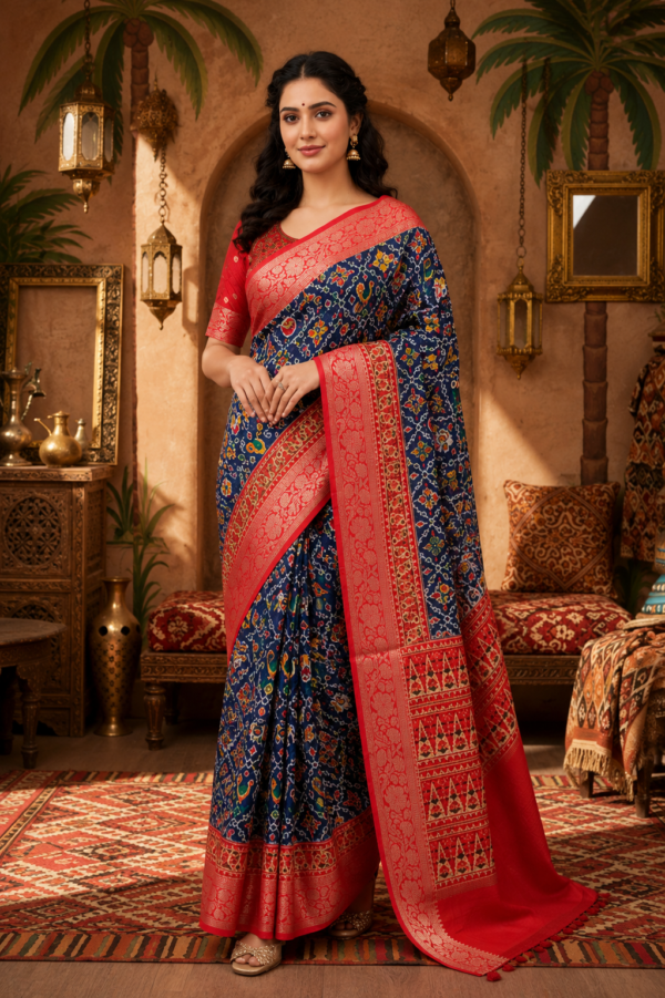 ChatGPT Image Jul 27, 2026, 10_08_01 AM Navy Blue Printed Silk Blend Saree with Red Woven Border