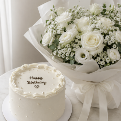 Elegant White Cake & White Flower Bouquet Combo