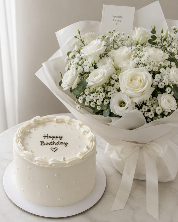 Elegant White Cake & White Flower Bouquet Combo