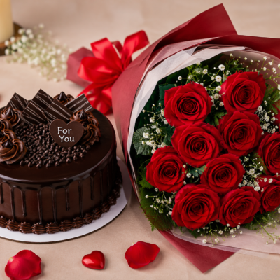 Chocolate Cake with Red Rose Bouquet Gift Combo