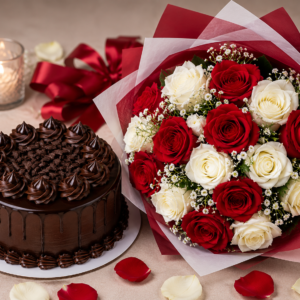 ChatGPT Image Jul 28, 2026, 05_40_40 PM Chocolate Cake with Red & White Rose Bouquet Combo