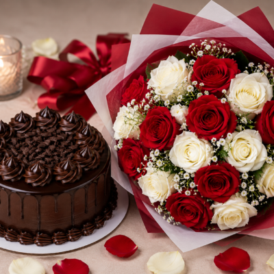 Chocolate Cake with Red & White Rose Bouquet Combo