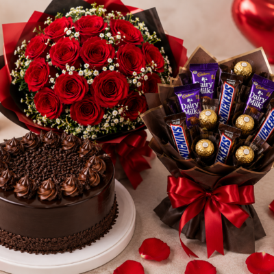 Chocolate Cake, Red Rose Bouquet & Chocolate Bouquet Combo