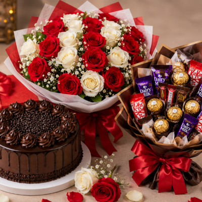 Chocolate Cake, Red & White Rose Bouquet with Chocolate Bouquet Combo