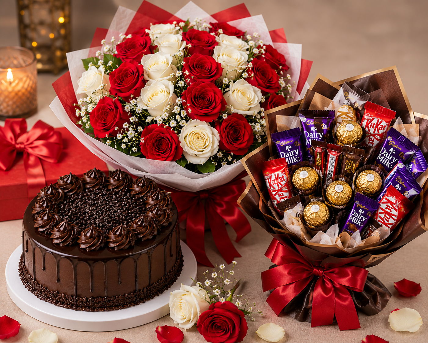 Chocolate Cake, Red & White Rose Bouquet with Chocolate Bouquet Combo, Chocolate Cake Red White Rose Chocolate Bouquet
