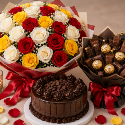 Chocolate Cake with Red, White & Yellow Rose Bouquet and Chocolate Bouquet Combo