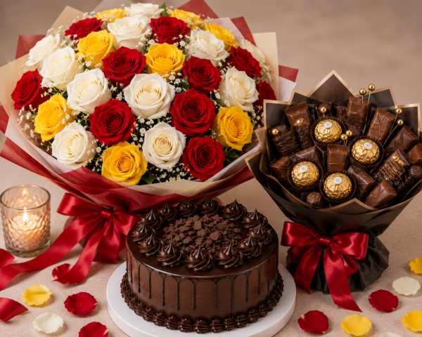 ChatGPT Image Jul 28, 2026, 06_12_31 PM Chocolate Cake with Red, White & Yellow Rose Bouquet and Chocolate Bouquet Combo