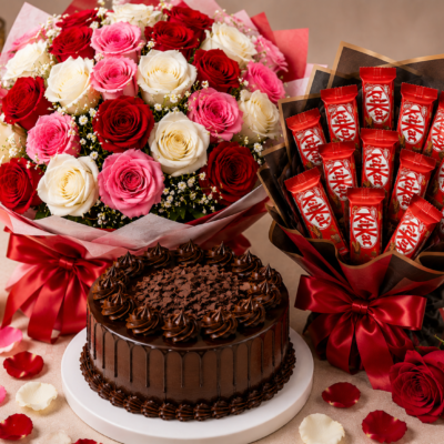 Chocolate Cake with Red, White & Pink Rose Bouquet and KitKat Chocolate Bouquet Combo