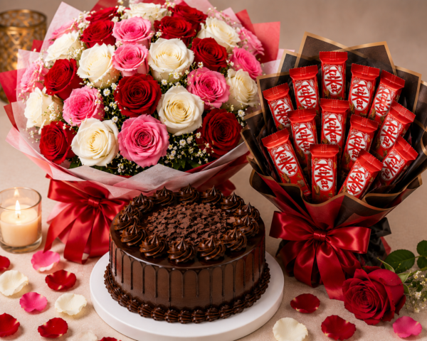 ChatGPT Image Jul 28, 2026, 06_19_53 PM Chocolate Cake with Red, White & Pink Rose Bouquet and KitKat Chocolate Bouquet Combo