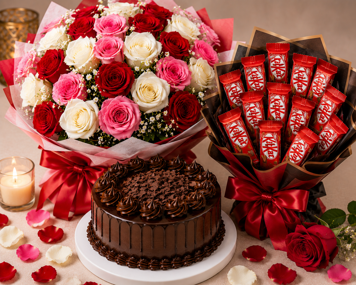 Chocolate Cake with Red, White & Pink Rose Bouquet and KitKat Chocolate Bouquet Combo, Chocolate Cake Red White Pink Rose KitKat Bouquet Combo