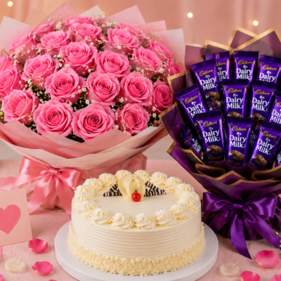 Vanilla Cake with Pink Rose Bouquet & Dairy Milk Chocolate Bouquet Combo