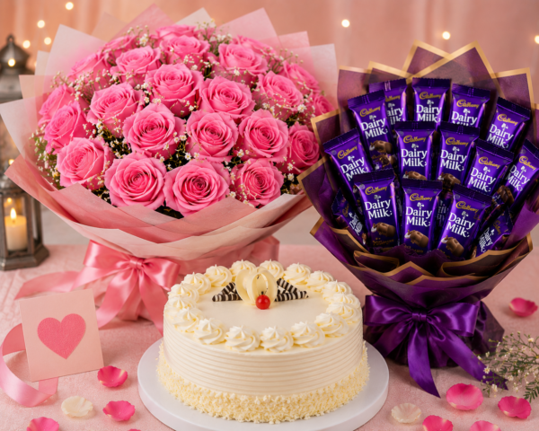 ChatGPT Image Jul 28, 2026, 06_26_26 PM Vanilla Cake with Pink Rose Bouquet & Dairy Milk Chocolate Bouquet Combo