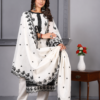 Women's White & Black Embroidered Cotton Kurta Set with Dupatta