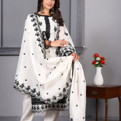 Women's White & Black Embroidered Cotton Kurta Set with Dupatta