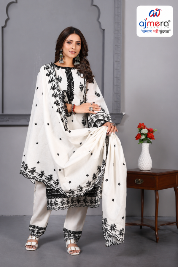 Women's White & Black Embroidered Cotton Kurta Set with Dupatta