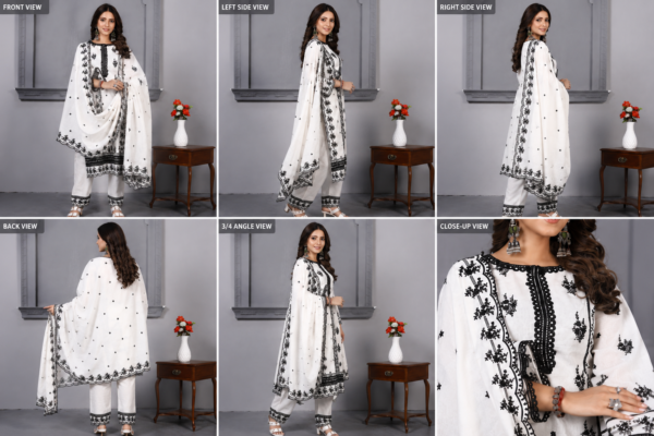 Women's White & Black Embroidered Cotton Kurta Set with Dupatta