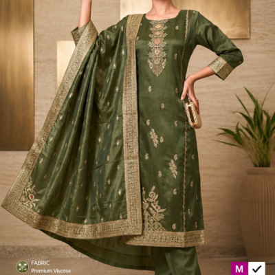 Women's Olive Green Embroidered Kurta Set with Dupatta
