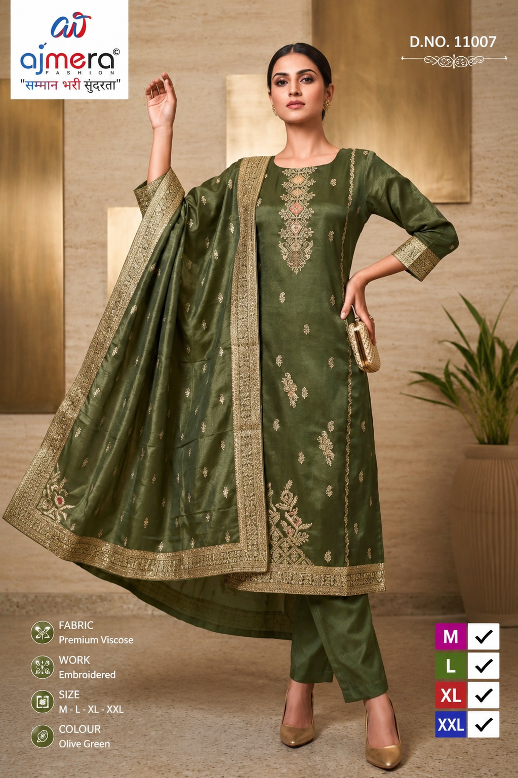 Women’s Olive Green Embroidered Kurta Set with Dupatta
