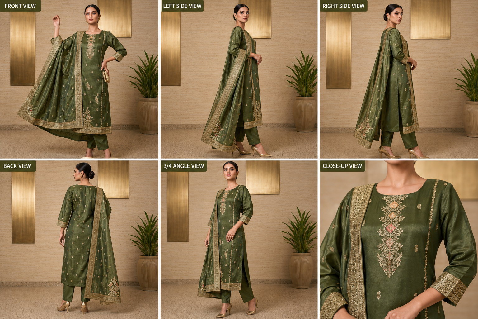 Women's Olive Green Embroidered Kurta Set with Dupatta - Image 2