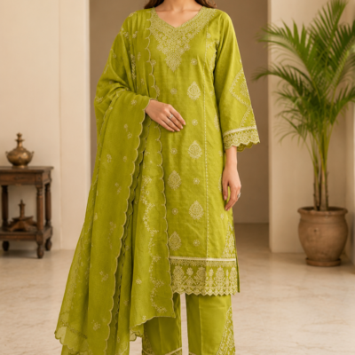 Women's Lime Green Embroidered Kurta Set with Dupatta