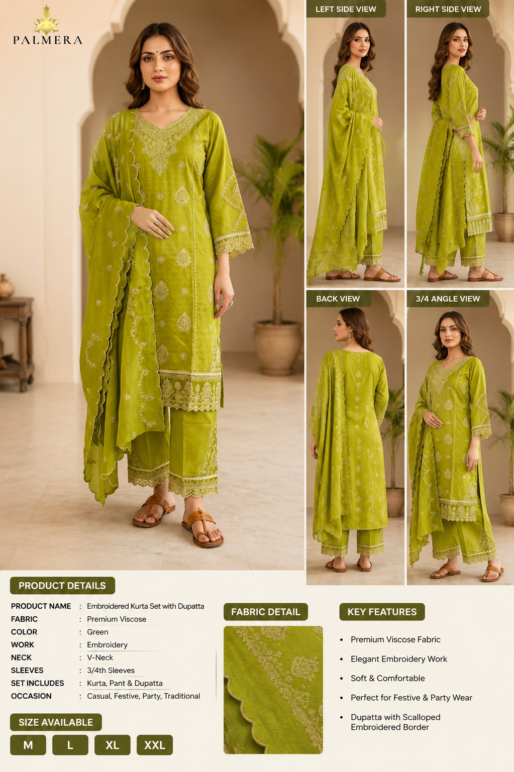 Women's Lime Green Embroidered Kurta Set with Dupatta - Image 2