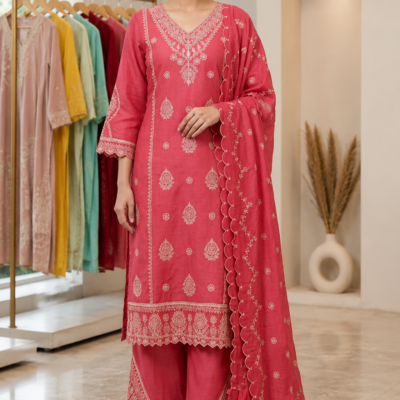 Women's Rose Pink Embroidered Kurta Set with Dupatta