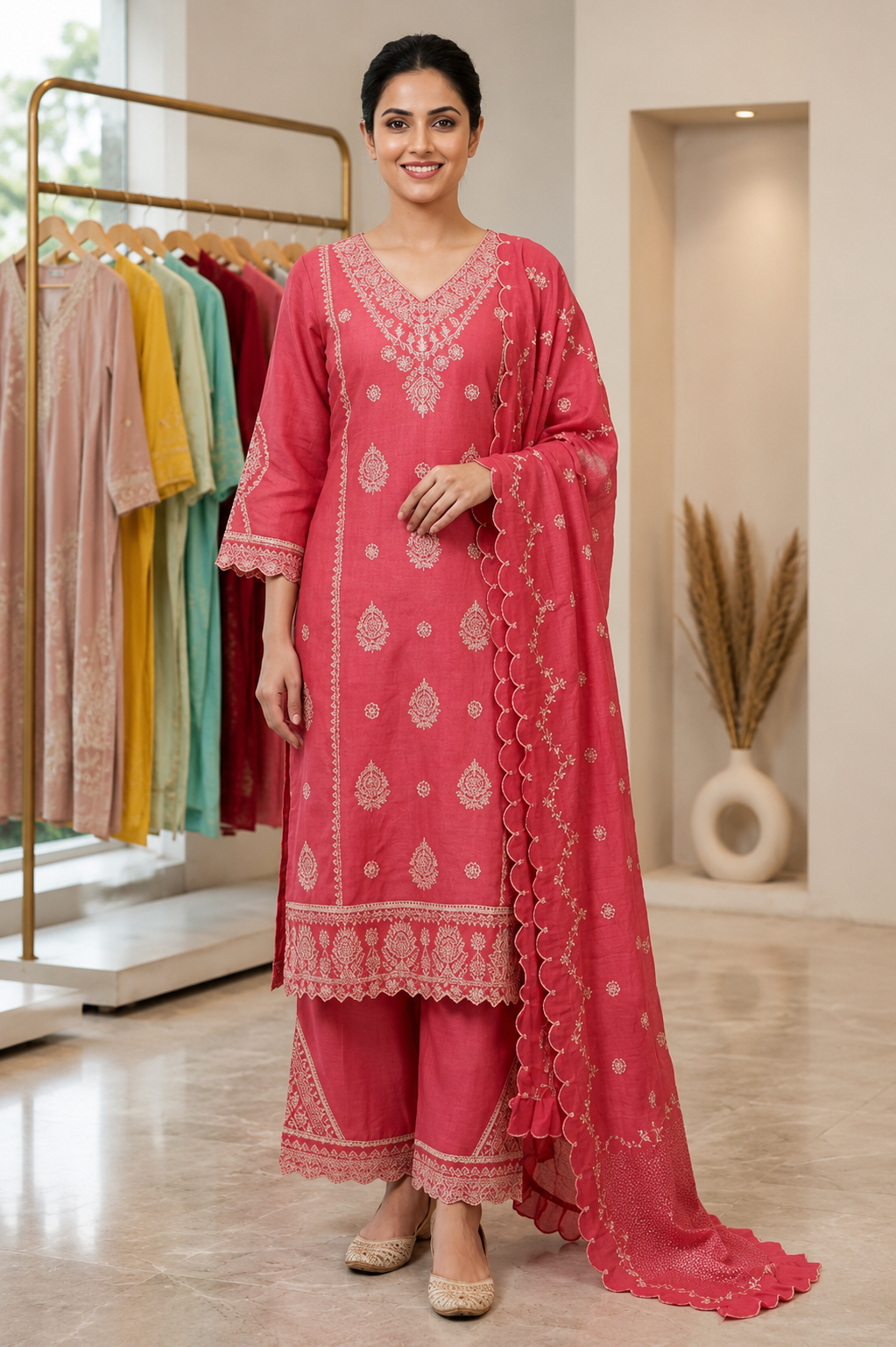 Women’s Rose Pink Embroidered Kurta Set with Dupatta, Women's Rose Pink Embroidered Kurta Set with Dupatta