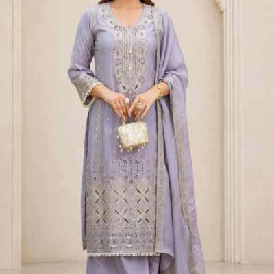 Lavender Embroidered Kurta Set with Dupatta