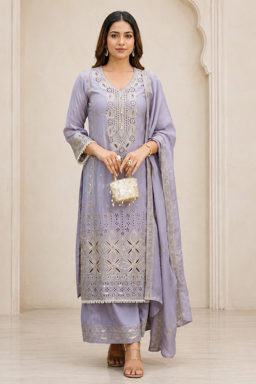 Lavender Embroidered Kurta Set