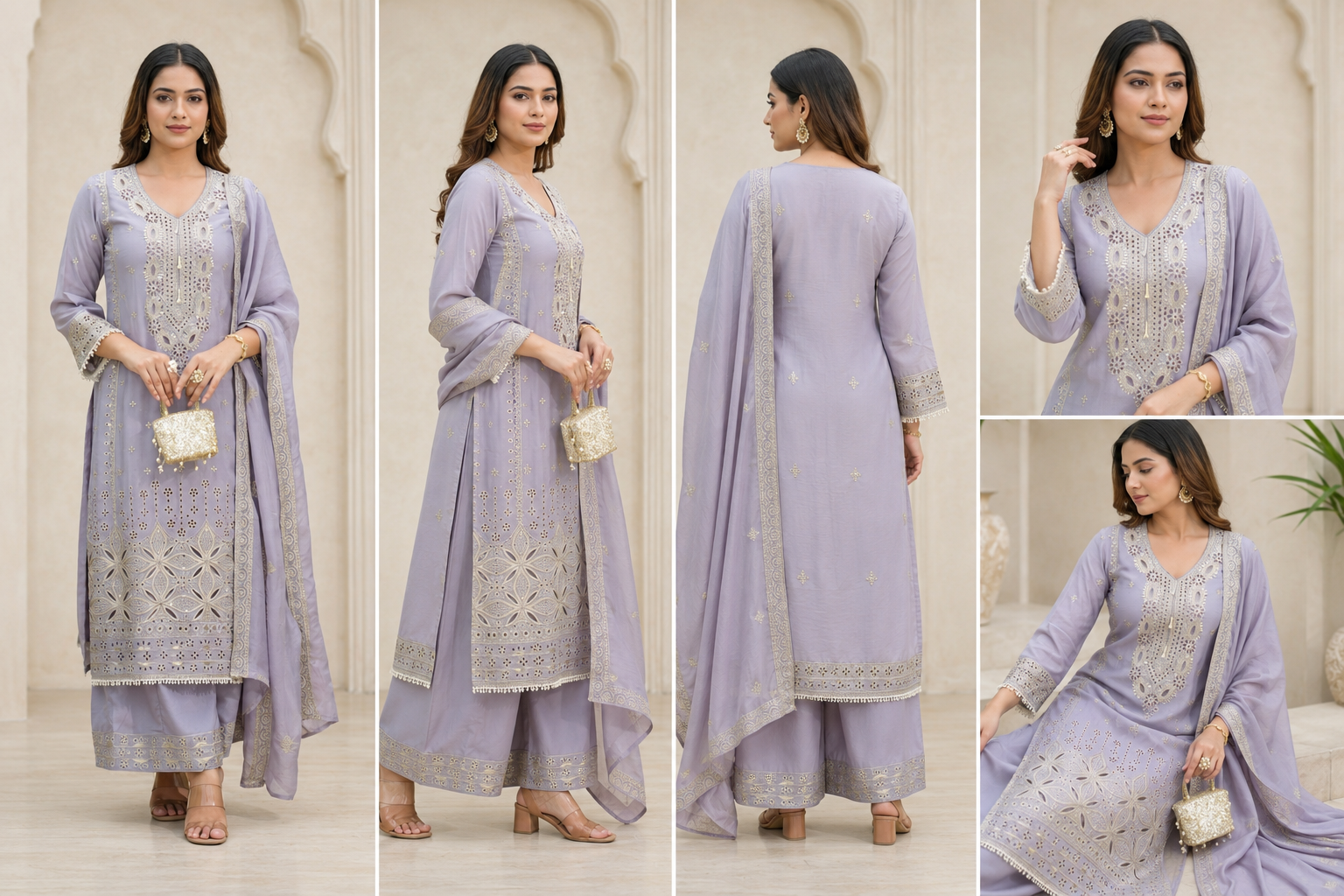 Lavender Embroidered Kurta Set with Dupatta - Image 2
