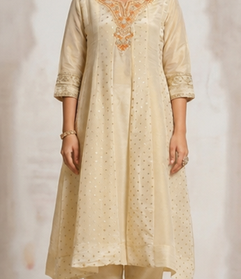 Cream Embroidered A-Line Kurta Set for Women