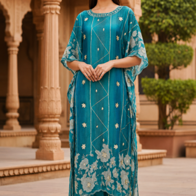 Ajmera Teal Embroidered Kaftan Kurta Set for Women