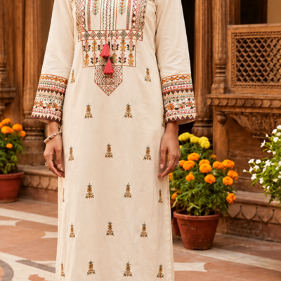 Women's Cream Embroidered Straight Kurta Set