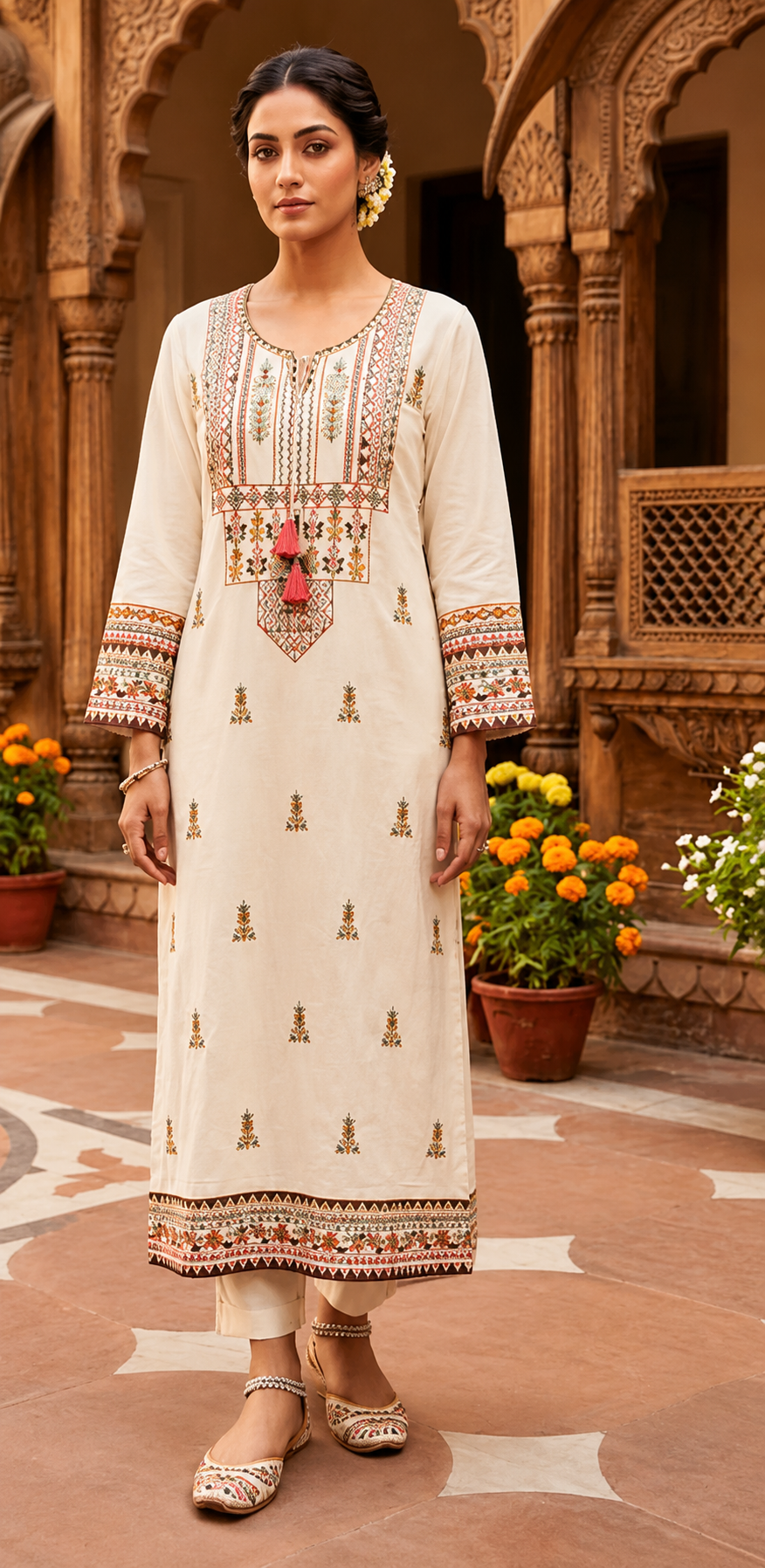 Women’s Cream Embroidered Straight Kurta Set, Cream Embroidered Kurta Set