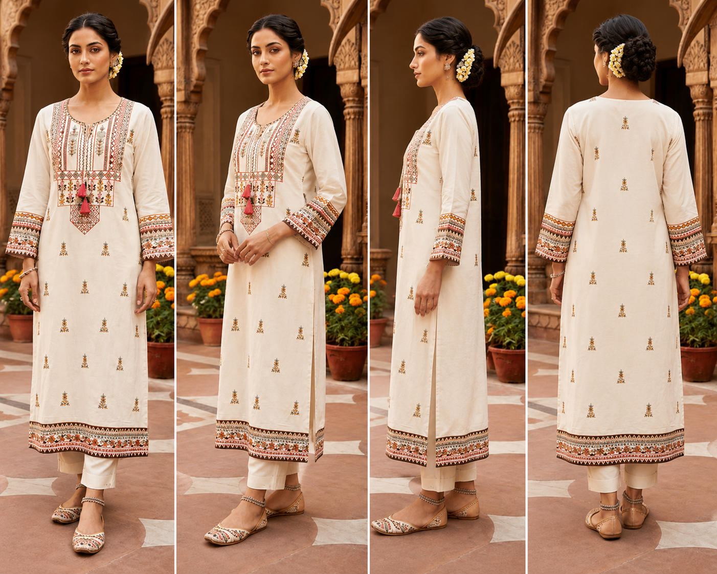 Women's Cream Embroidered Straight Kurta Set - Image 2