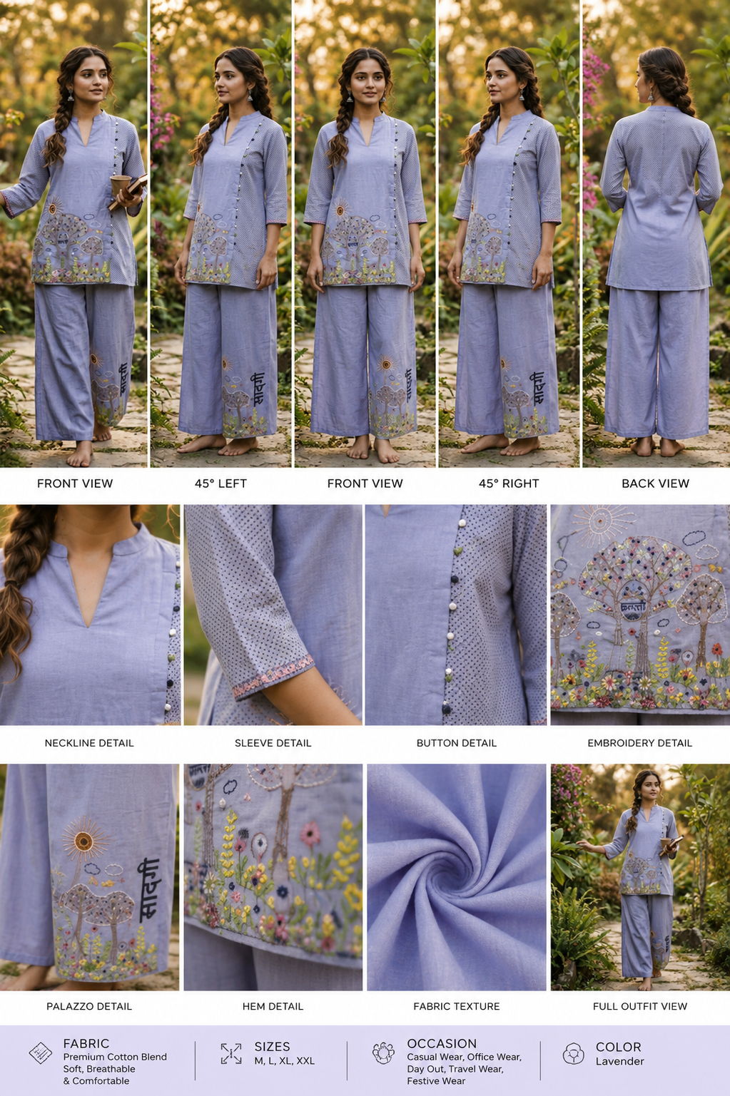 Premium Lavender Printed Kurta Palazzo Set for Women - Image 2