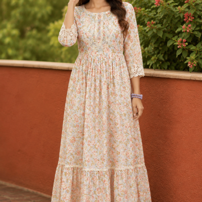 Premium Cream Floral Printed Maxi Dress for Women