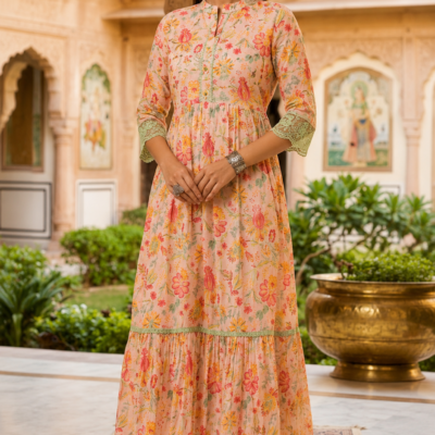 Premium Peach Floral Printed Maxi Dress for Women