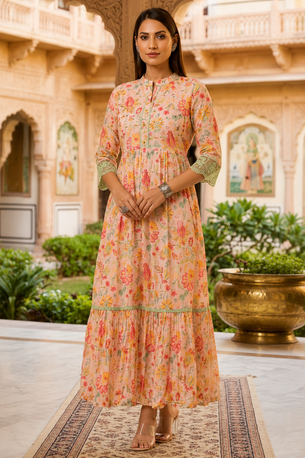 Premium Peach Floral Printed Maxi Dress for Women, Premium Cream Floral Printed Maxi Dress for Women