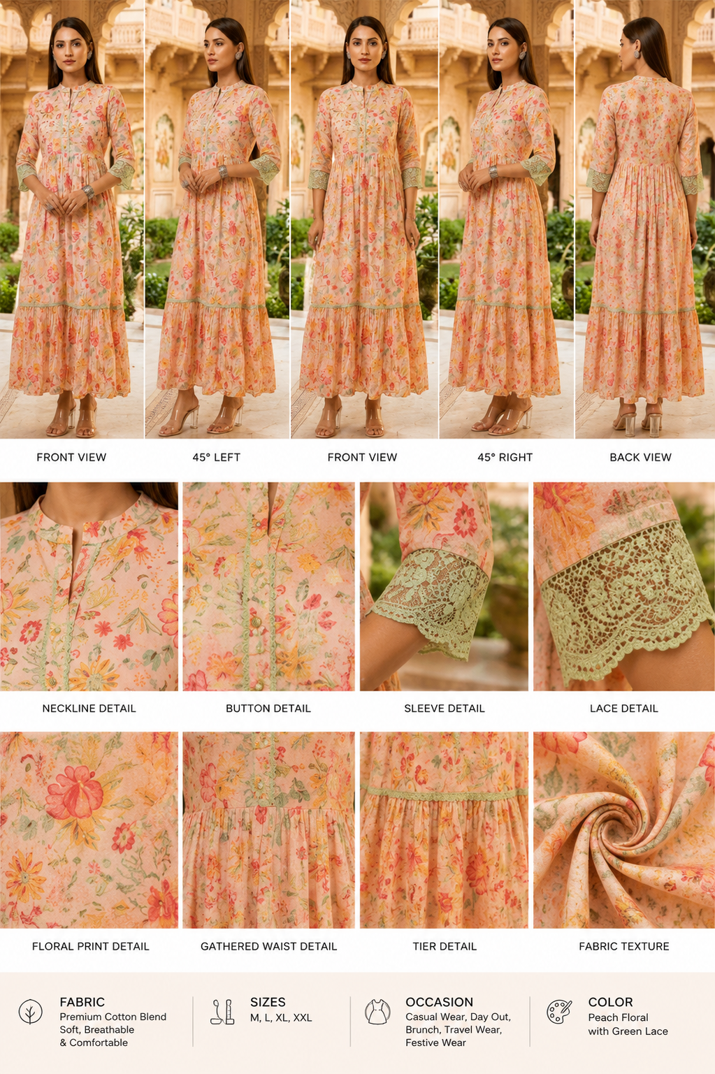 Premium Peach Floral Printed Maxi Dress for Women - Image 2