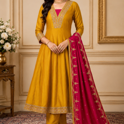 Premium Mustard Yellow Embroidered Anarkali Suit Set with Magenta Dupatta