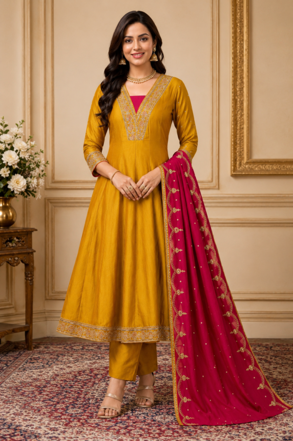ChatGPT Image Jul 29, 2026, 03_51_12 PM Premium Mustard Yellow Embroidered Anarkali Suit Set with Magenta Dupatta