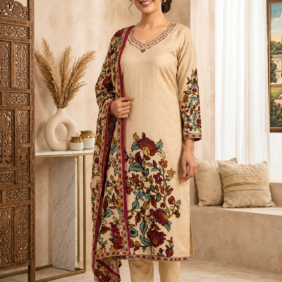 Premium Beige Floral Printed Kurta Pant Set with Dupatta
