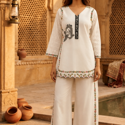 Premium White Embroidered Kurta Palazzo Set for Women