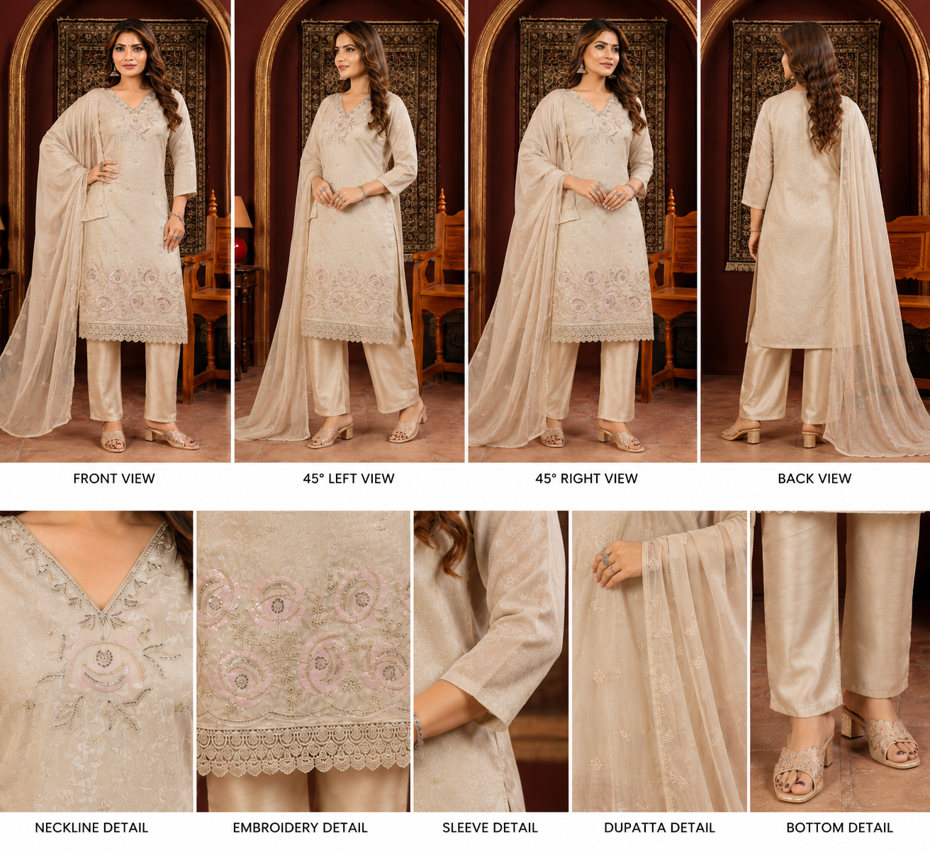 Premium Beige Embroidered Silk Kurta Pant Set with Organza Dupatta - Image 2