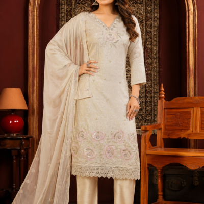 Premium Beige Embroidered Silk Kurta Pant Set with Organza Dupatta