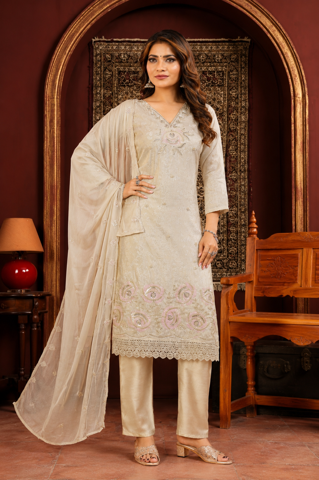 Premium Beige Embroidered Silk Kurta Pant Set with Organza Dupatta, Premium Beige Embroidered Silk Kurta Pant Set with Organza Dupatta | Feeling Celebration