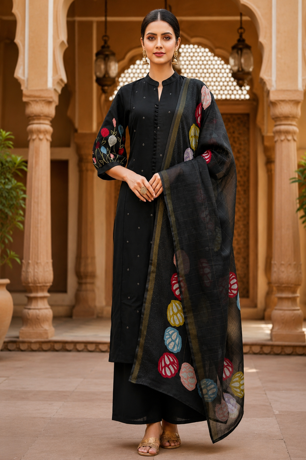 ChatGPT Image Jul 29, 2026, 04_38_09 PM Premium Black Embroidered Kurta Palazzo Set with Designer Printed