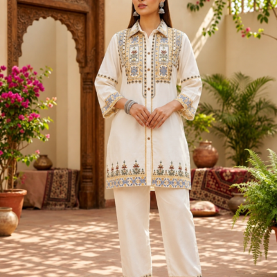 Premium Off White Embroidered Straight Kurta Pant Set for Women